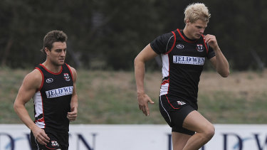 Sam Fisher and Nick Riewoldt at St Kilda training during their playing days. Photo: Sebastian Costanzo