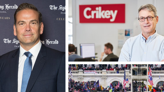 Lachlan Murdoch, Private Media chairman Eric Beecher and the US Capitol building on January 6, 2021.