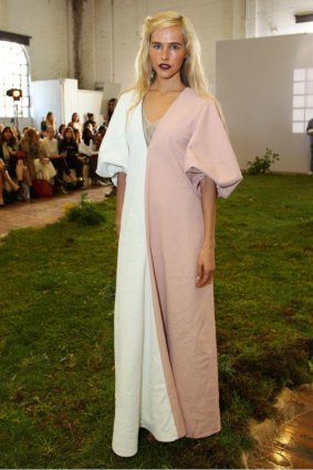 Isabel Lucas wearing Lee Mathews at Mercedes-Benz Fashion Week Australia.