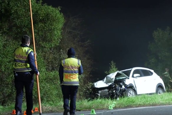 Police at the scene of the fatal crash in Trafalgar on Sunday.