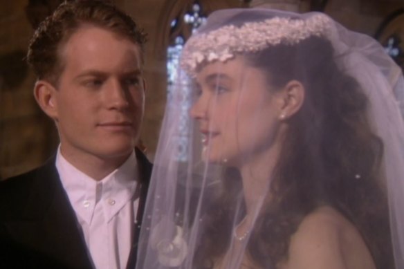 E Street’s Chris and Megan Patchett, played by Paul Kelman and Lisbeth Kennelly, on their wedding day. It was a ratings winner for the show.