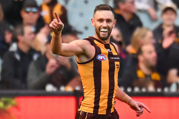 Jack Gunston of the Hawks celebrates a goal.