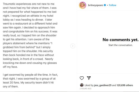 Screenshot of Britney Spears’ Instagram statement.