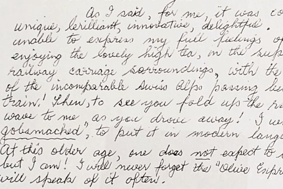 A 2024 letter of thanks sent to the Olive Express team from a 93-year-old resident at a retirement village in Palmwoods, Queensland.