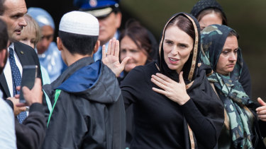 New Zealand Prime Minister Jacinda Ardern at the Al Noor Mosque for a national call to prayer on Friday. 