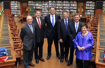 John Cain (left), with his fellow former  premiers Jeff Kennett, Ted Baillieu, Steve Bracks, John Brumby and Joan Kirner, in 2011.