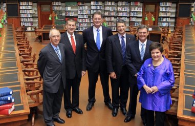 John Cain (left), with his fellow former  premiers Jeff Kennett, Ted Baillieu, Steve Bracks, John Brumby and Joan Kirner, in 2011.