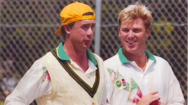 Tim May and Shane Warne during an Australian training session in 1993.