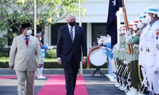 Defence Minister Peter Dutton and Indonesian counterpart Prabowo Subianto in Jakarta on Thursday.