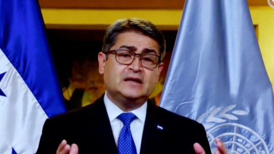 Juan Orlando Hernández Alvarado, President of Honduras, speaks in a pre-recorded message to the United Nations General Assembly, on September 23, 2020.