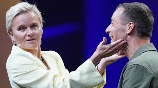 Skincare entrepreneur Dr Barbara Sturm showcasing her products on stage in Hamburg, Germany.