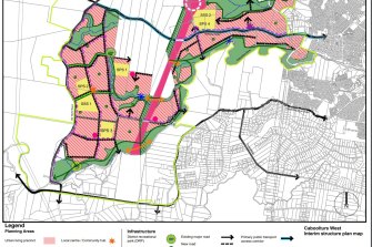 The Caboolture West interim structure plan in July 2022, showing major road and residential areas. A blue line running east-west along Bellmere Road shows bus links to Caboolture.