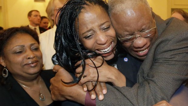 Mia Love celebrating in 2014 after becoming the first black Republican woman elected to Congress.