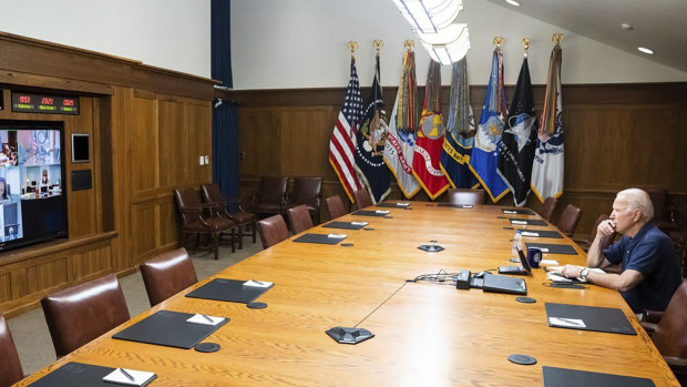 The White House President Joe Biden meets virtually with his national security team and senior officials for a briefing on Afghanistan.