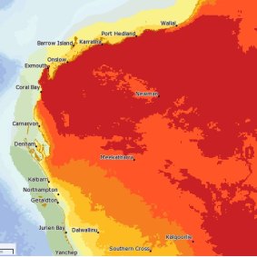 The Bureau of Meteorology MetEye map shows a blazing summer period of unheard-of temperatures.