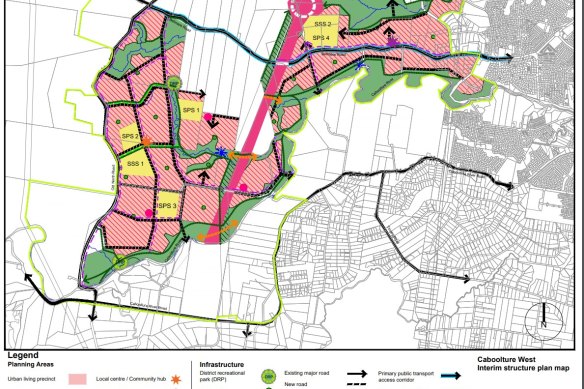 The Caboolture West interim structure plan in July 2022, showing major road and residential areas. A blue line running east-west along Bellmere Road shows bus links to Caboolture.