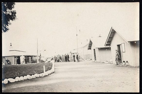 Huts and grounds at the Langwarrin internment camp where German prisoners were held, 1914-1915. Unknown photographer. 
