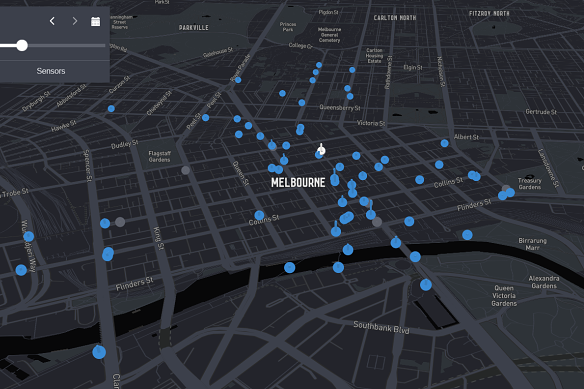A screenshot of pedestrian data from the City of Melbourne showing lower pedestrian numbers throughout the city at lunchtime on Wednesday (blue means lower than average pedestrian numbers).
