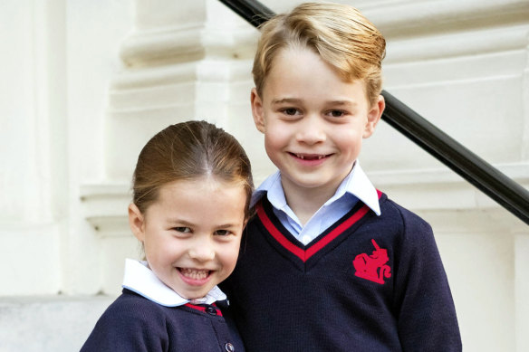 Princess Charlotte arrives at school with her big brother, Prince George.