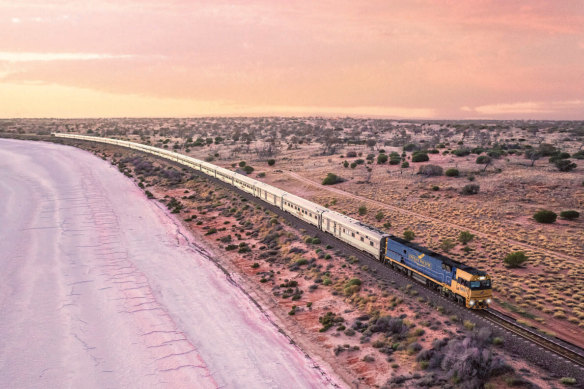 A train journey brings you a forever-scrolling panorama of landscapes, like this one of Lake Hart in South Australia. 