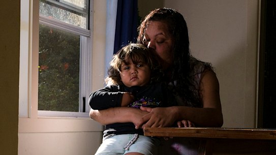 Jane Williams with her youngest son, two-year-old Ewan, at her home in Lismore.