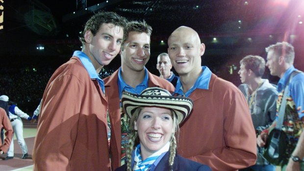 Grant Hackett, Ian Thorpe and Michael Klim enjoy the closing ceremony of the 2000 Sydney Olympic Games.
