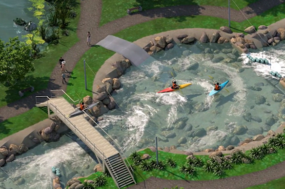 A concept image rendering of the proposed whitewater facility in Redland City, earmarked for the Olympic canoe slalom events, from March 2021.