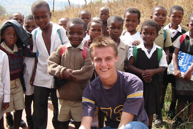 Evans in 2003 in Embo, a rural township near Durban, South Africa, where he spent his gap year overseeing development projects.