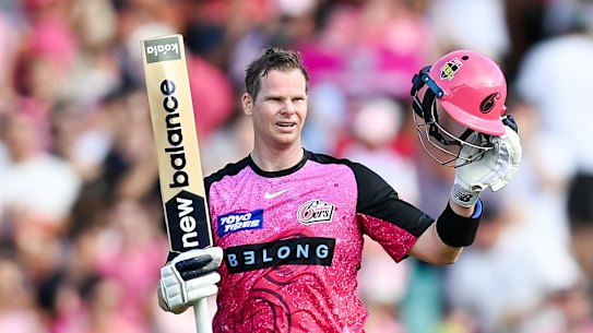 Steve Smith celebrates a record-equalling third Big Bash century earlier this year.