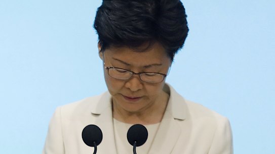 Carrie Lam, Hong Kong's chief executive, attends a news conference in Hong Kong, China, on Tuesday, June 18, 2019. Lam sought to defuse protests that have rocked the city without stepping down or officially withdrawing a bill that would allow extraditions to China for the first time. 