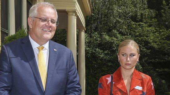 Prime Minister Scott Morrison and 2021 Australian of the Year Grace Tame during the 2022 Australian of the Year awards morning tea at the Lodge in Canberra.