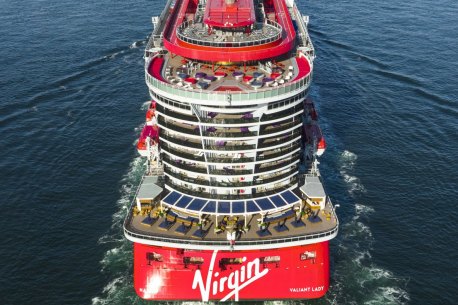 Valiant in open waters. Drone footage Supplied PR image for Traveller. Check for re-use.Â 
xxValiant Virgin VoyagesÂ ValiantÂ LadyÂ maiden cruise ; text by Keith Austin
cr: Virgin Voyages (handoutÂ image supplied for use in Traveller, noÂ syndication)Â 