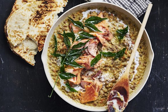 Fast ginger 'dhal' with hot smoked salmon. 