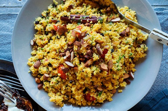 Moroccan couscous with harissa glazed eggplant.