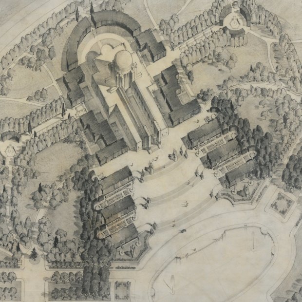 Elaborate gardens in tiers down to Anzac Parade in the style of Versailles were also proposed.