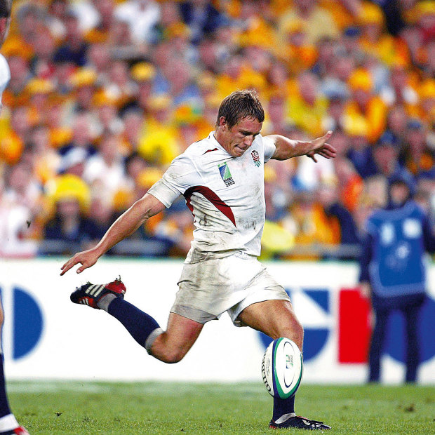Jonny Wilkinson kicks the winning drop goal against Australia.