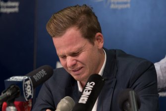 Steve Smith wept during a press conference following the ball-tampering scandal. 