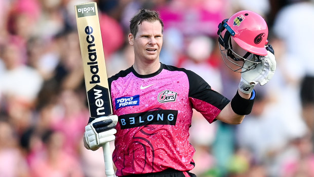 Steve Smith celebrates his record-equalling third Big Bash century.