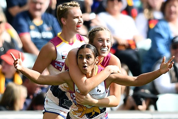 Courtney Hodder takes in the moment after scoring during Brisbane’s win.
