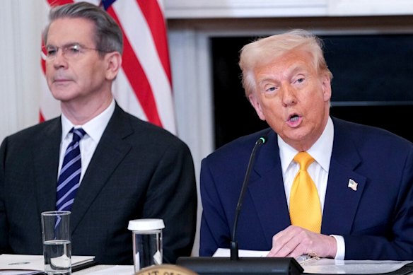 Treasury Secretary Scott Bessent (left), pictured with President Donald Trump in March, is leading the talks in Geneva.
