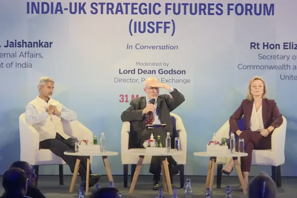 India’s Foreign Minister S. Jaishankar, Dean Godson from the Policy Exchange and Britain’s Liz Truss at the India-UK Strategic Futures Forum in Delhi on Thursday.