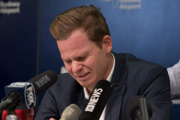 Steve Smith wept during a press conference following the ball-tampering scandal. 