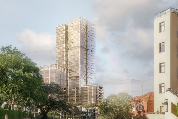 An artist’s impression of the 35-storey residential tower that could replace the Edgecliff Centre, above Edgecliff railway station.