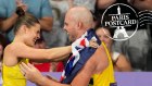 Pole vaulter Nina Kennedy and discus thrower Matt Denny celebrate their medals.