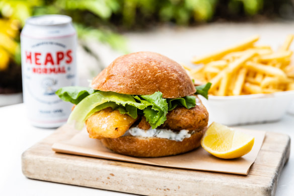 The beer-battered fish sandwich from Beach Byron Bay’s kiosk. 