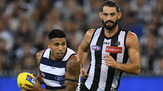 Up and about: Geelong's Tim Kelly has been in electrifying form in 2019, while Brodie Grundy is likely to give the Pies and edge in the ruck.