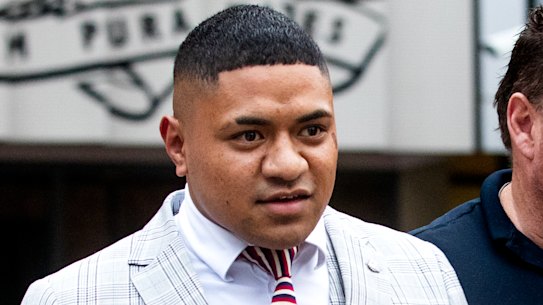 Sidelined Manly Sea Eagles hooker Manase Fainu leaves Parramatta District Court after being found guilty by a jury of wounding with intent to cause grievous bodily harm.