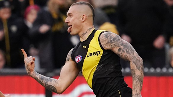 Dustin Martin celebrates a goal.