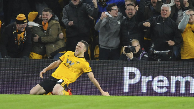 Wolverhampton's Diogo Jota celebrates after scoring Wolves' second goal.