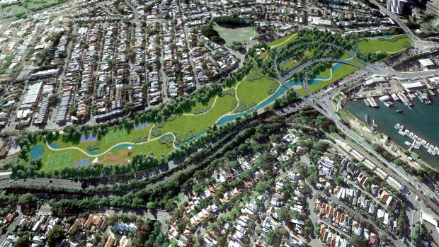 An artist's impression of the parkland planned to cover the former rail yards at Rozelle, under which a motorway interchange will be built.